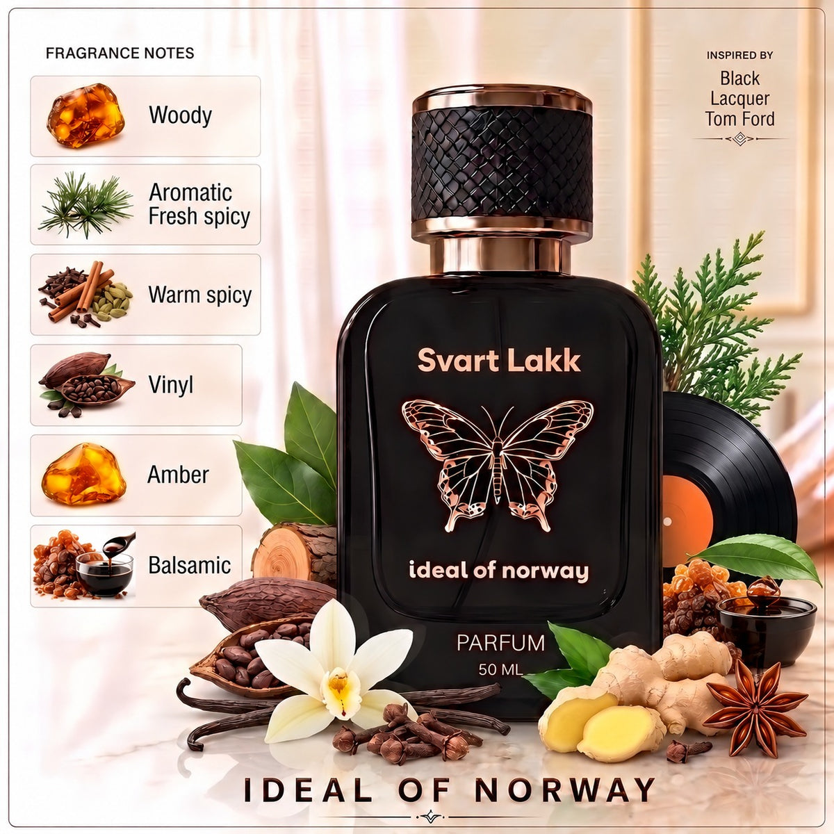 Svart Lakk Ideal of Norway 50ml black perfume bottle with a textured black cap and rose-gold butterfly logo.