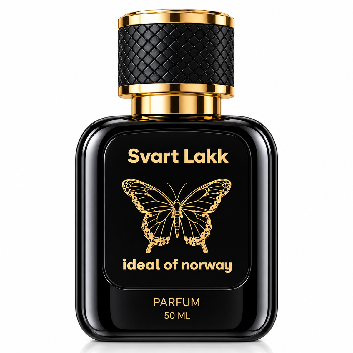 Svart Lakk Ideal of Norway perfume bottle 50ml, featuring a black design, textured cap, and elegant rose-gold butterfly logo.