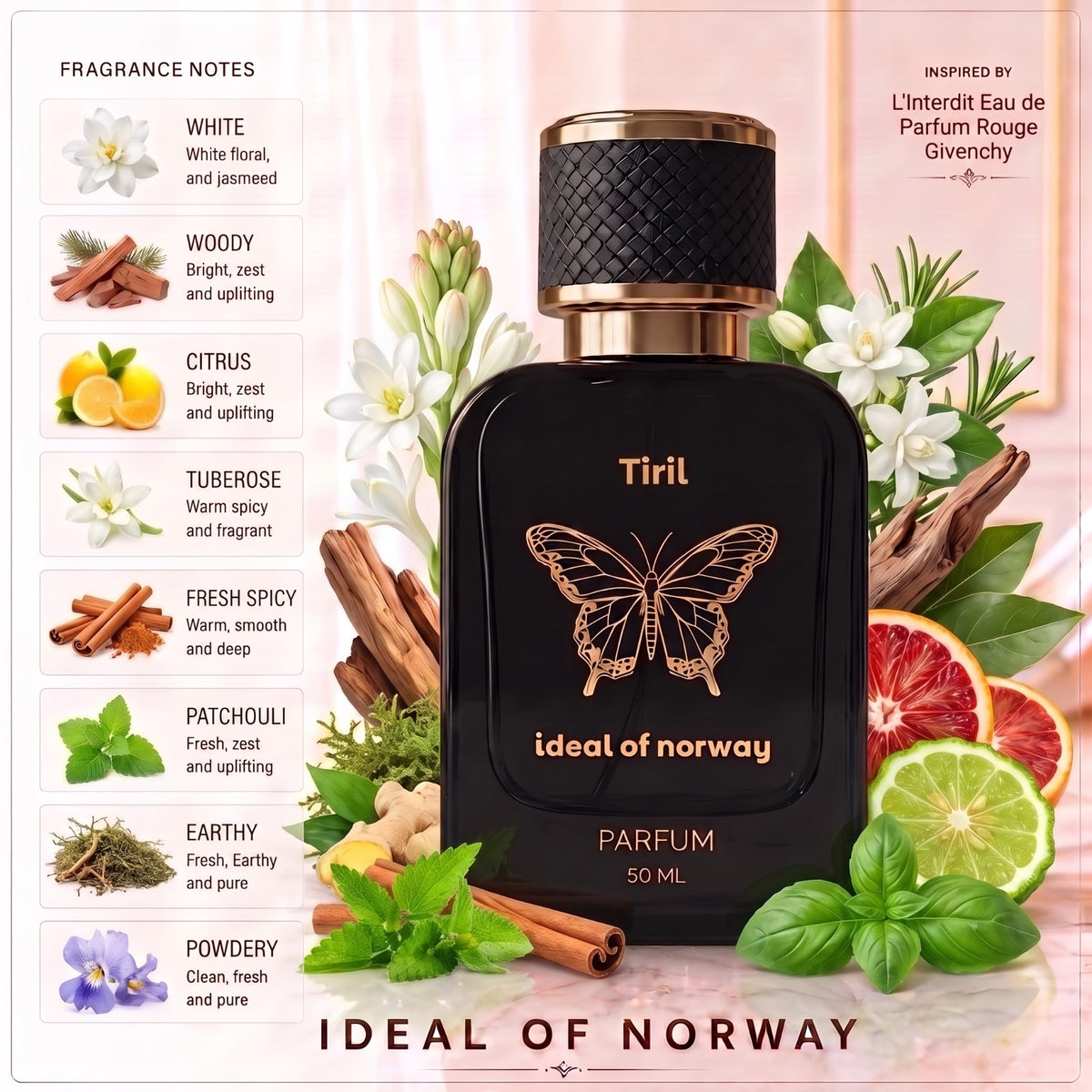 Tiril 406 fragrance notes inspired by L'Interdit Eau de Parfum Rouge