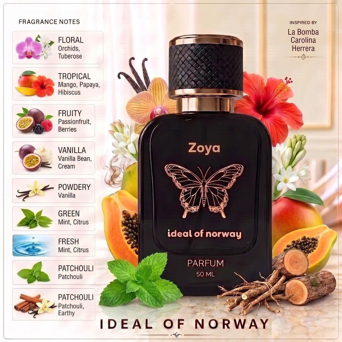 Zoya 515 Ideal of Norway 50ML perfume bottle with floral, tropical, fruity, vanilla and patchouli fragrance notes.