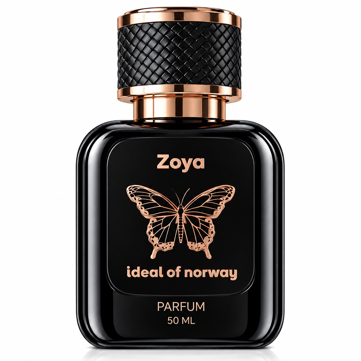 Zoya 515 Ideal of Norway 50ML black perfume bottle with rose-gold butterfly logo and textured cap on a clean white background.